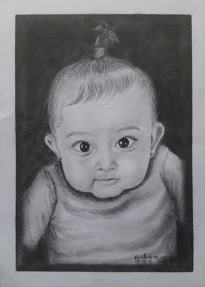 Front-facing portrait drawing of a baby with topknot, signed 08.12.18