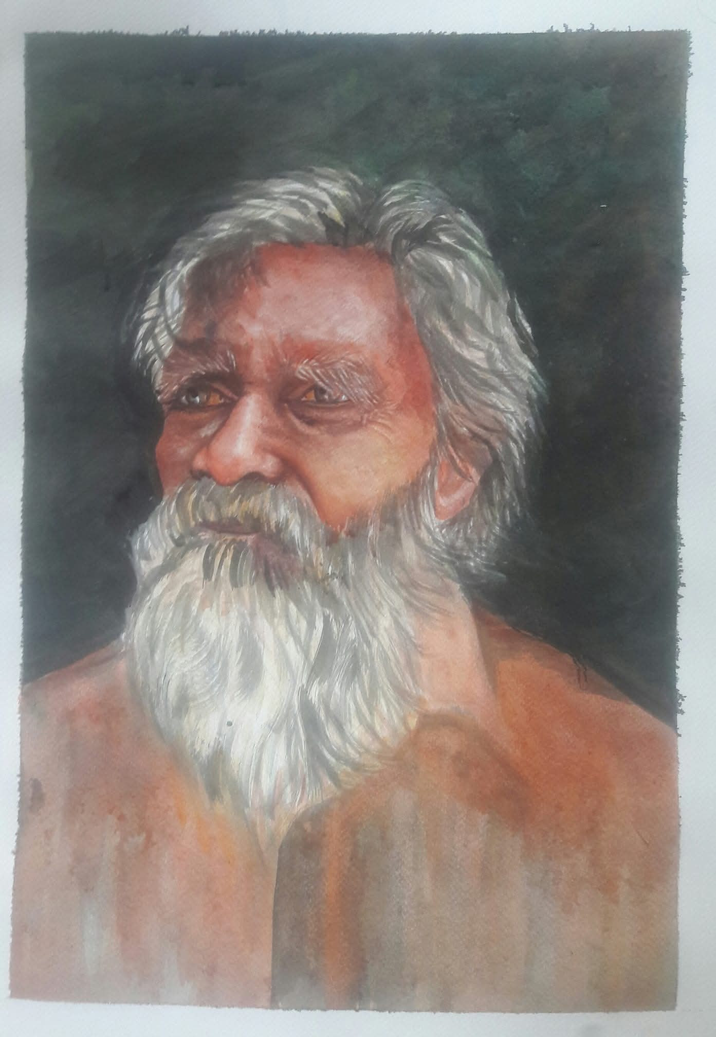 Painting of an elderly man with a long white beard against a deep green textured background