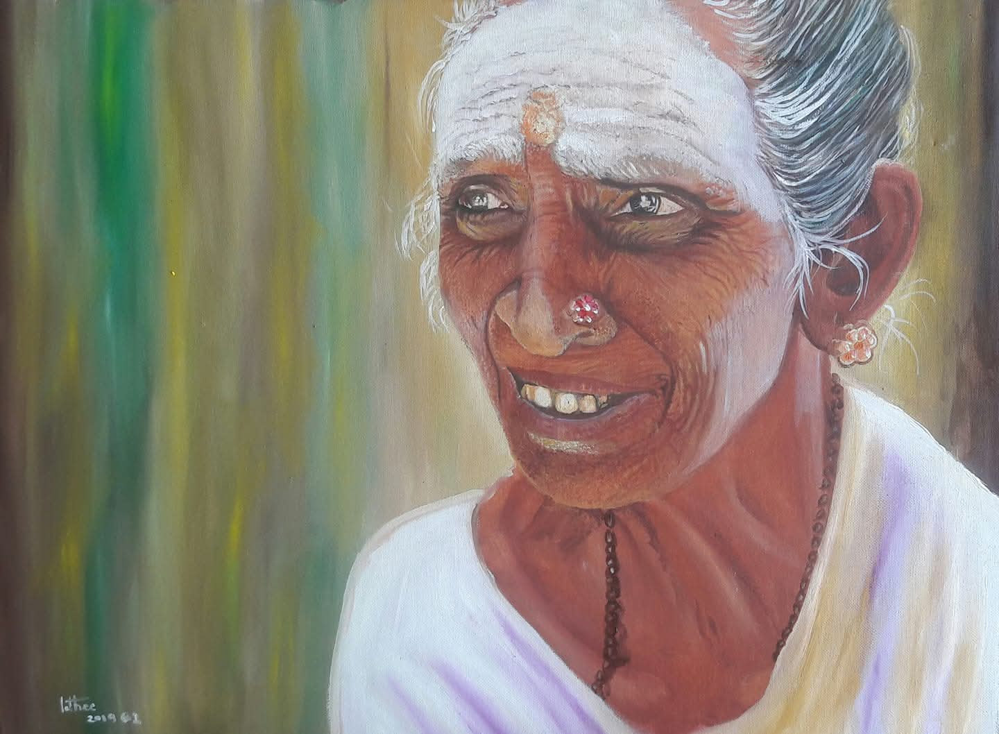 Painting of an elderly woman with white forehead markings, nose stud and earring, signed Lathee 2019