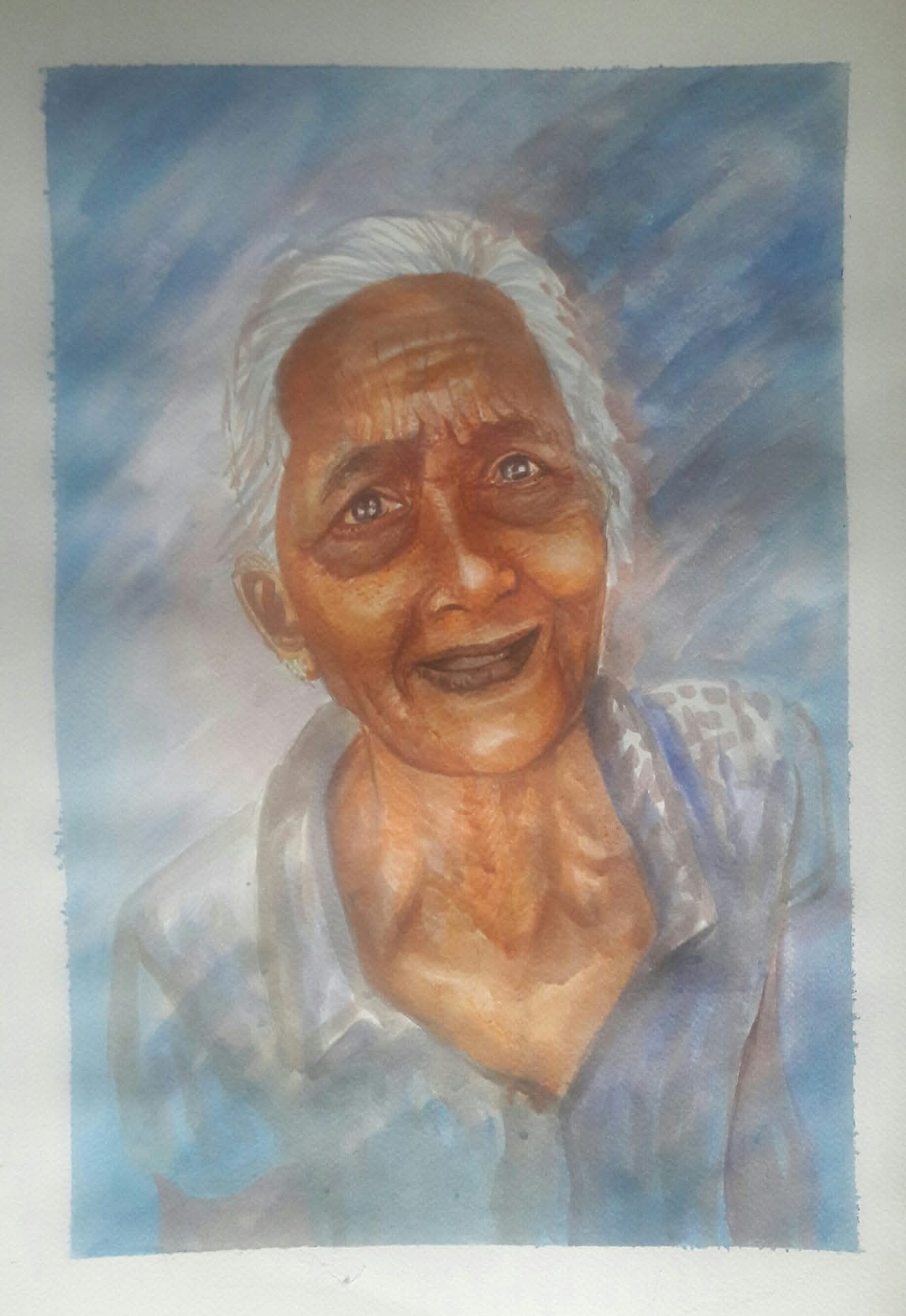Painting of a smiling elderly woman with grey hair against a soft blue-toned background