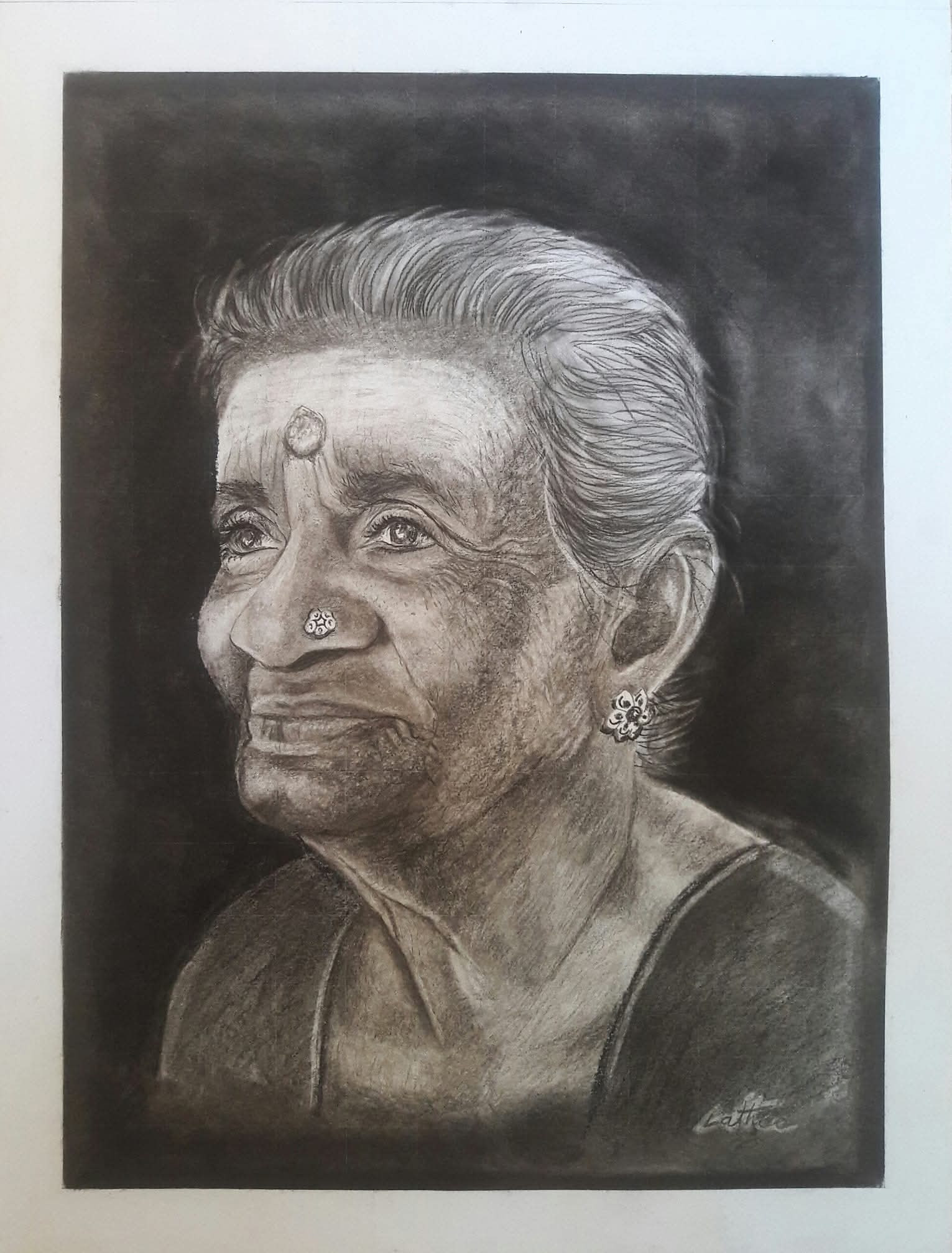 Elderly woman shown at an angle with nose stud and earring, signed Lathee