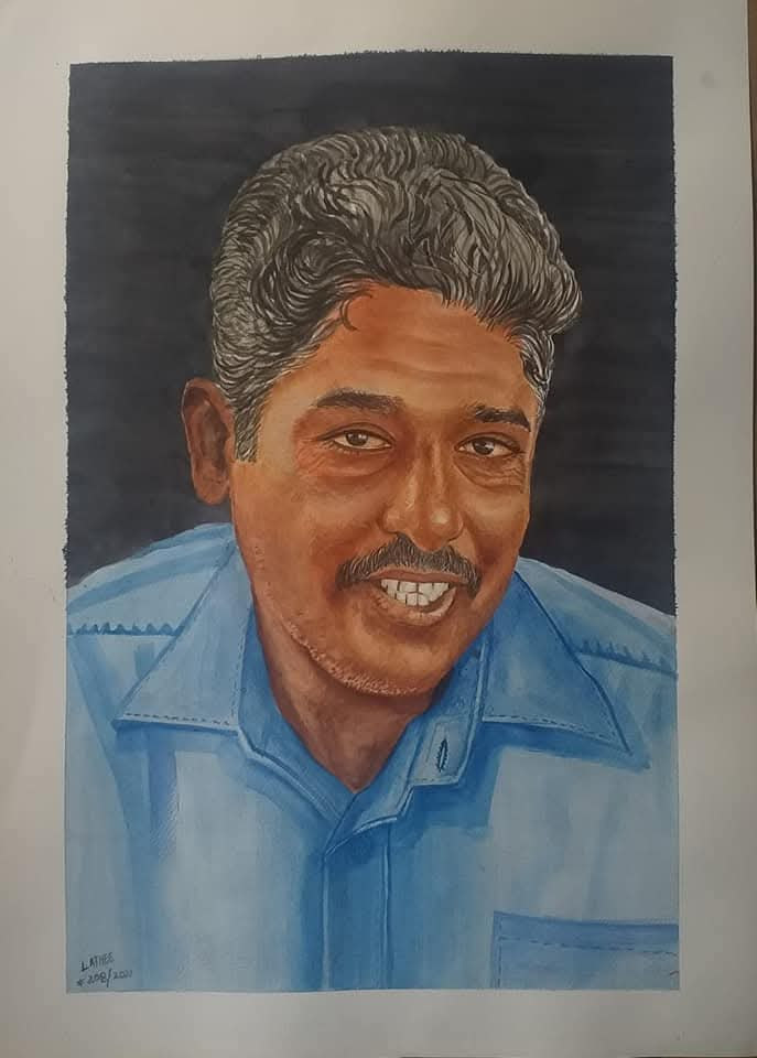 Painting of a smiling man wearing a blue collared shirt, signed Lathee 2021