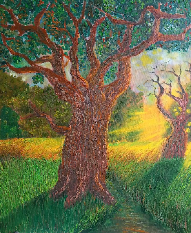 Colour painting of a large tree in a sunlit landscape