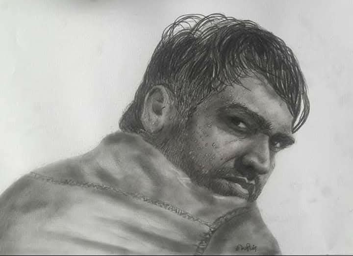 Dramatic drawing of a man looking over shoulder with rain/sweat droplets