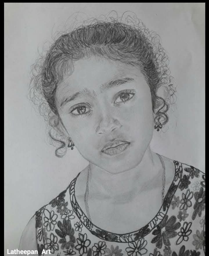 Girl with curly hair and patterned top, marked Latheepan Art