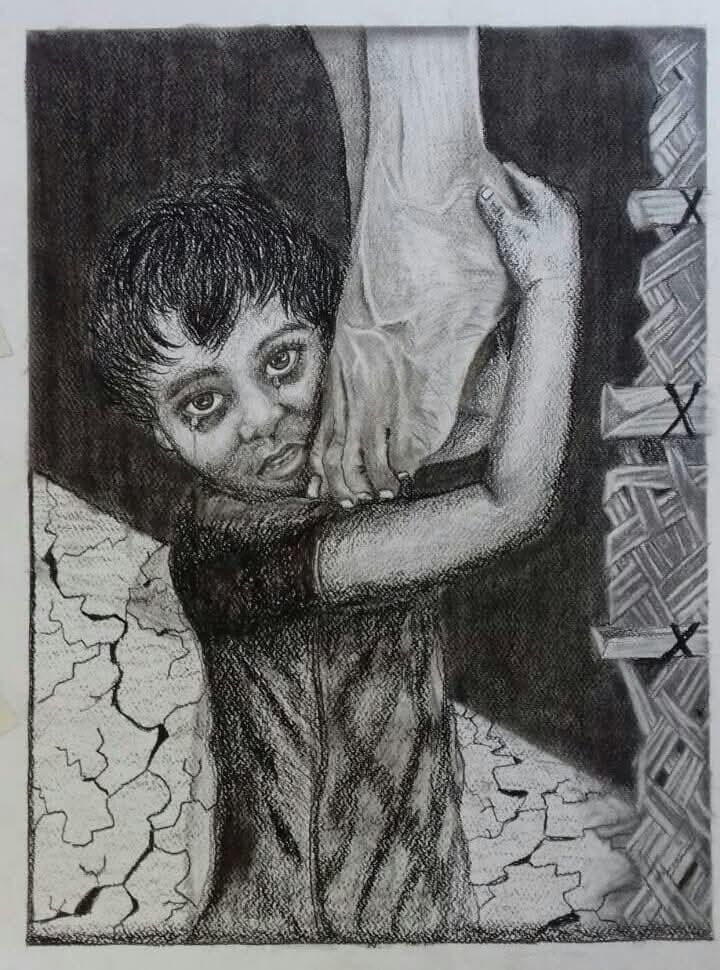 Small child beside an adult's leg with emotional expression and cracked earth