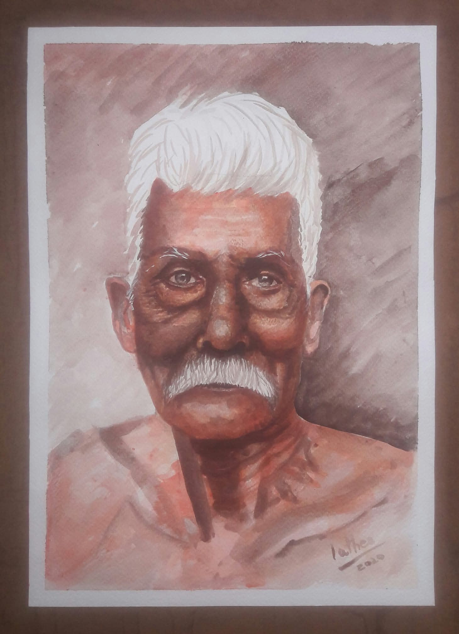 Painting of an elderly man with white hair and moustache, signed Lathee 2020