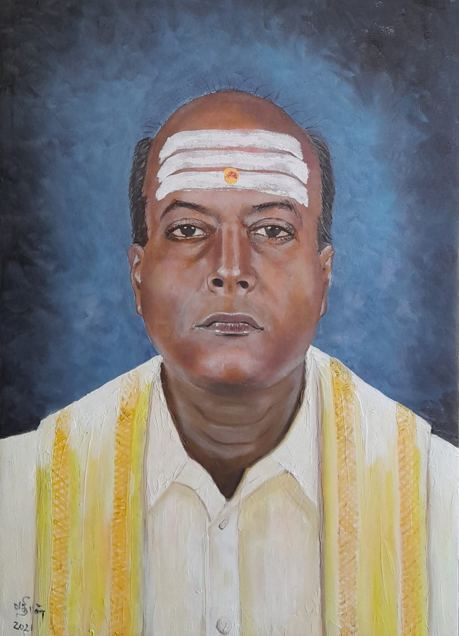 Painting of a man with sacred white forehead markings and yellow ceremonial shawl, signed 2021