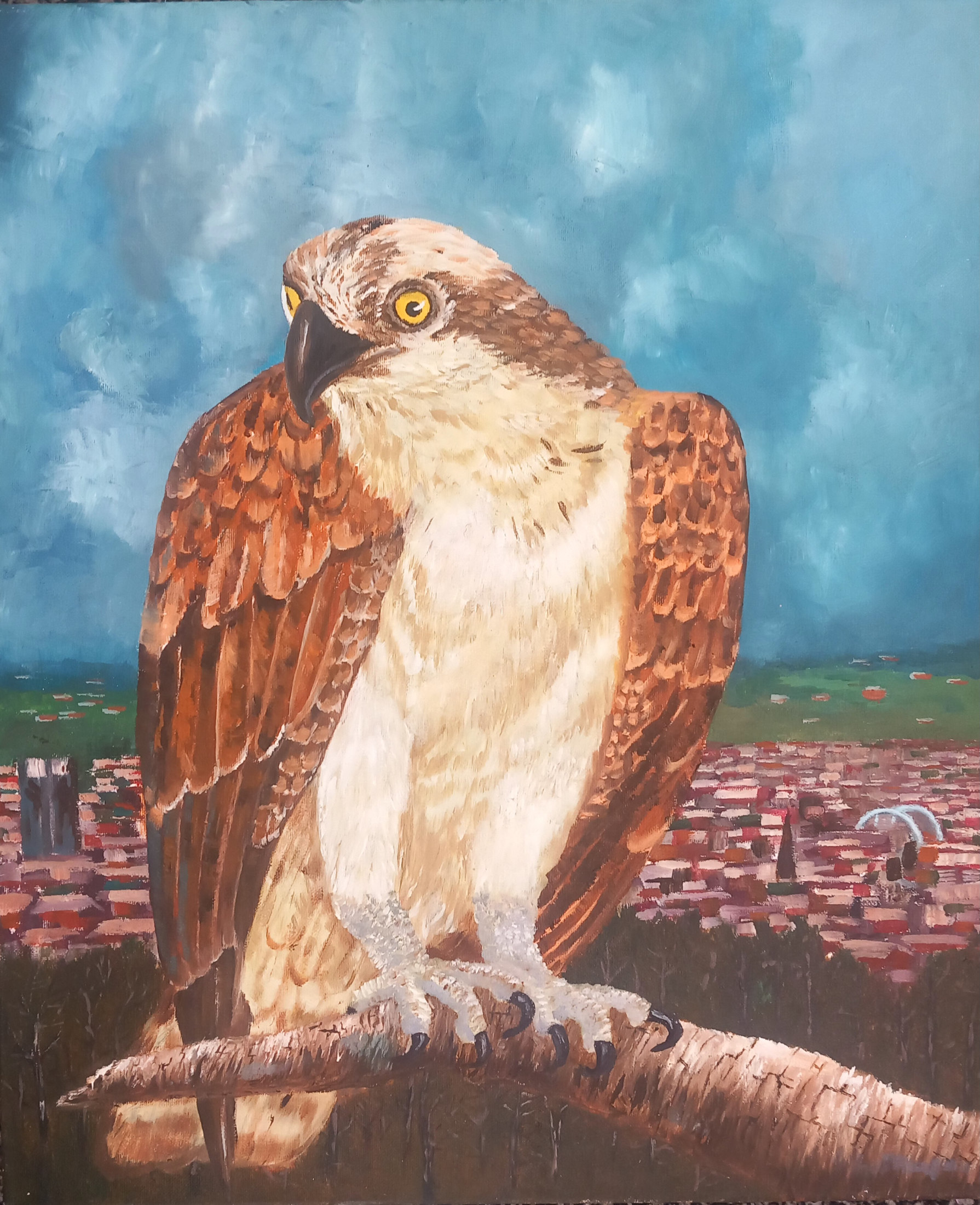 Painting of a bird of prey perched on a high branch overlooking a distant town and hills under cloudy sky