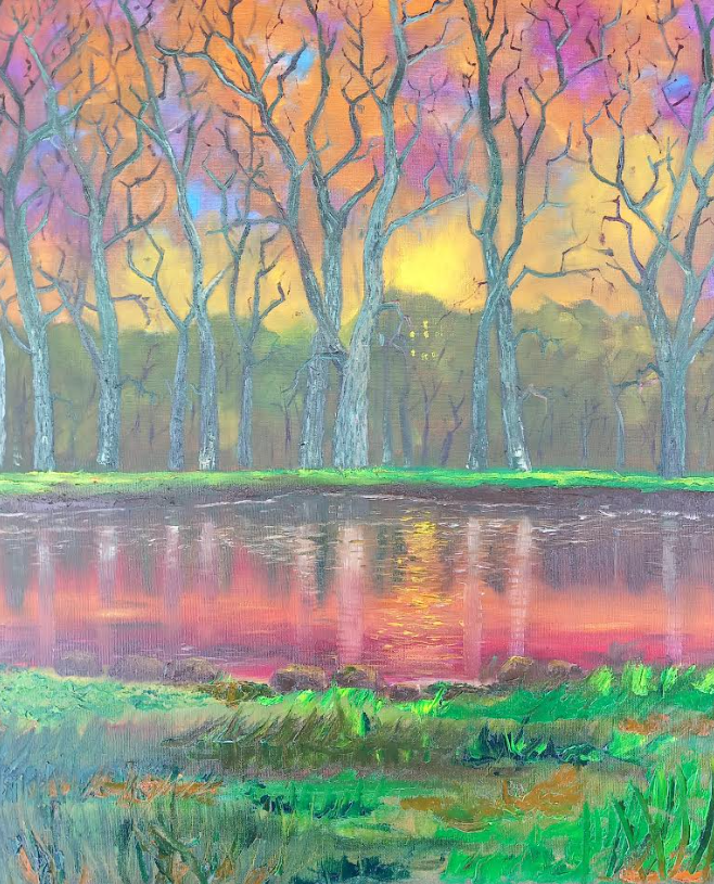 Colour painting of leafless trees beside reflective water at sunset