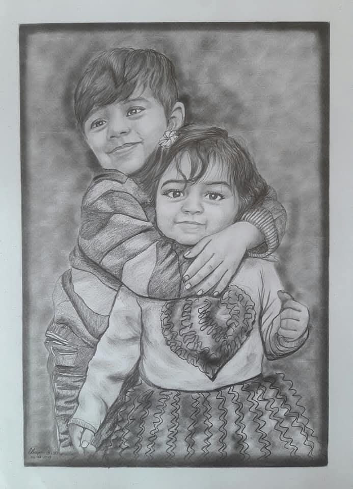 Two children hugging drawing with detailed textures and tonal border