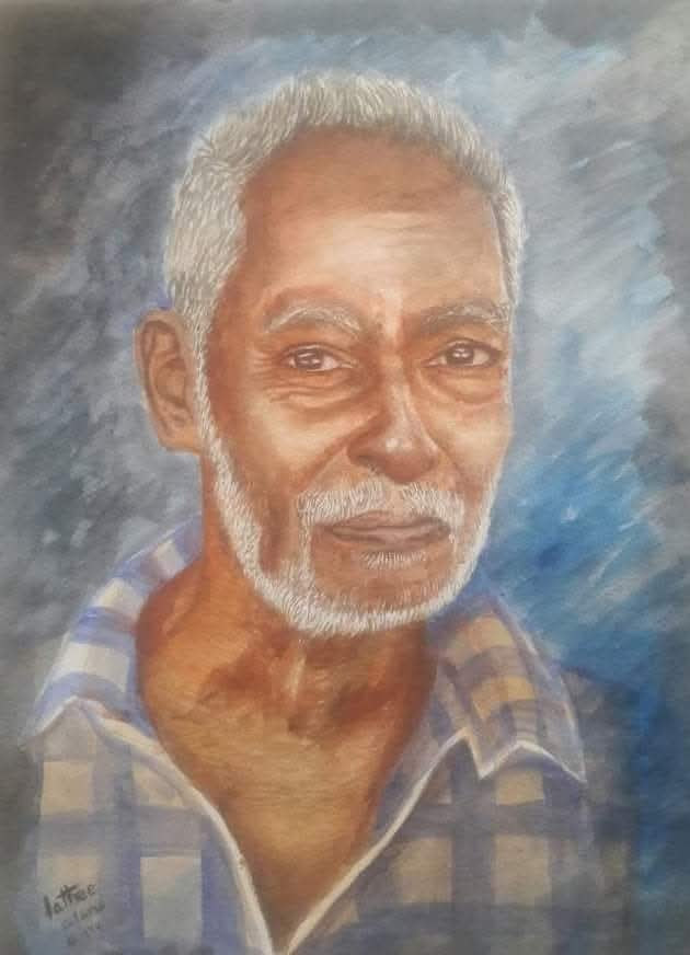 Painting of an elderly man with grey hair and beard in a blue and white checkered shirt, signed Lathee