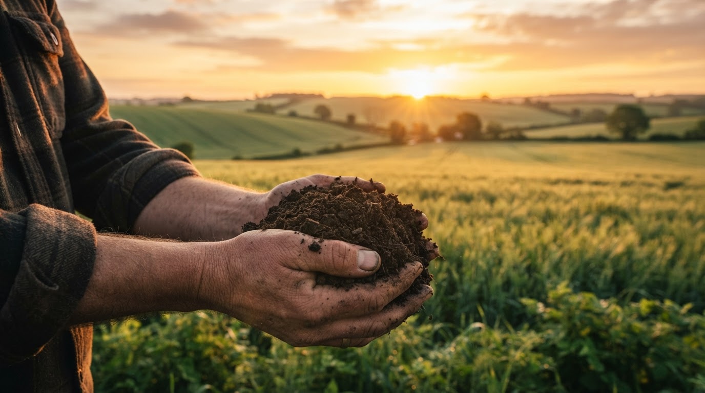 Rich dark soil held in hands at golden sunrise over farmland