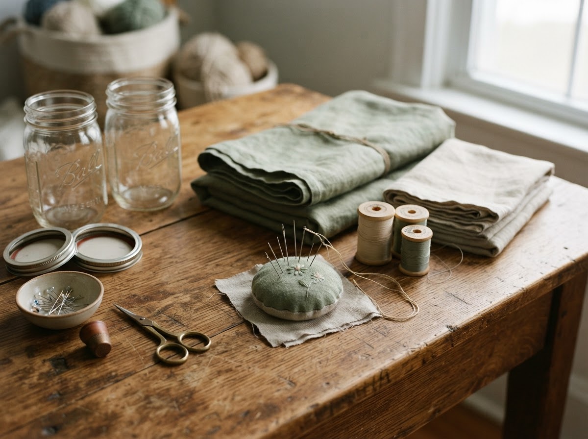 Concept imagery of crafting materials and handmade items on a wooden worktable