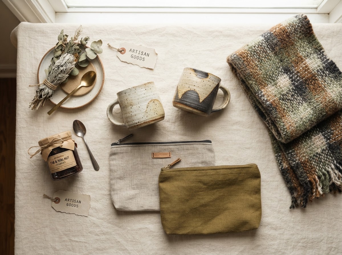 Flat lay of a woven scarf, sewn pouches, and preserves on warm linen