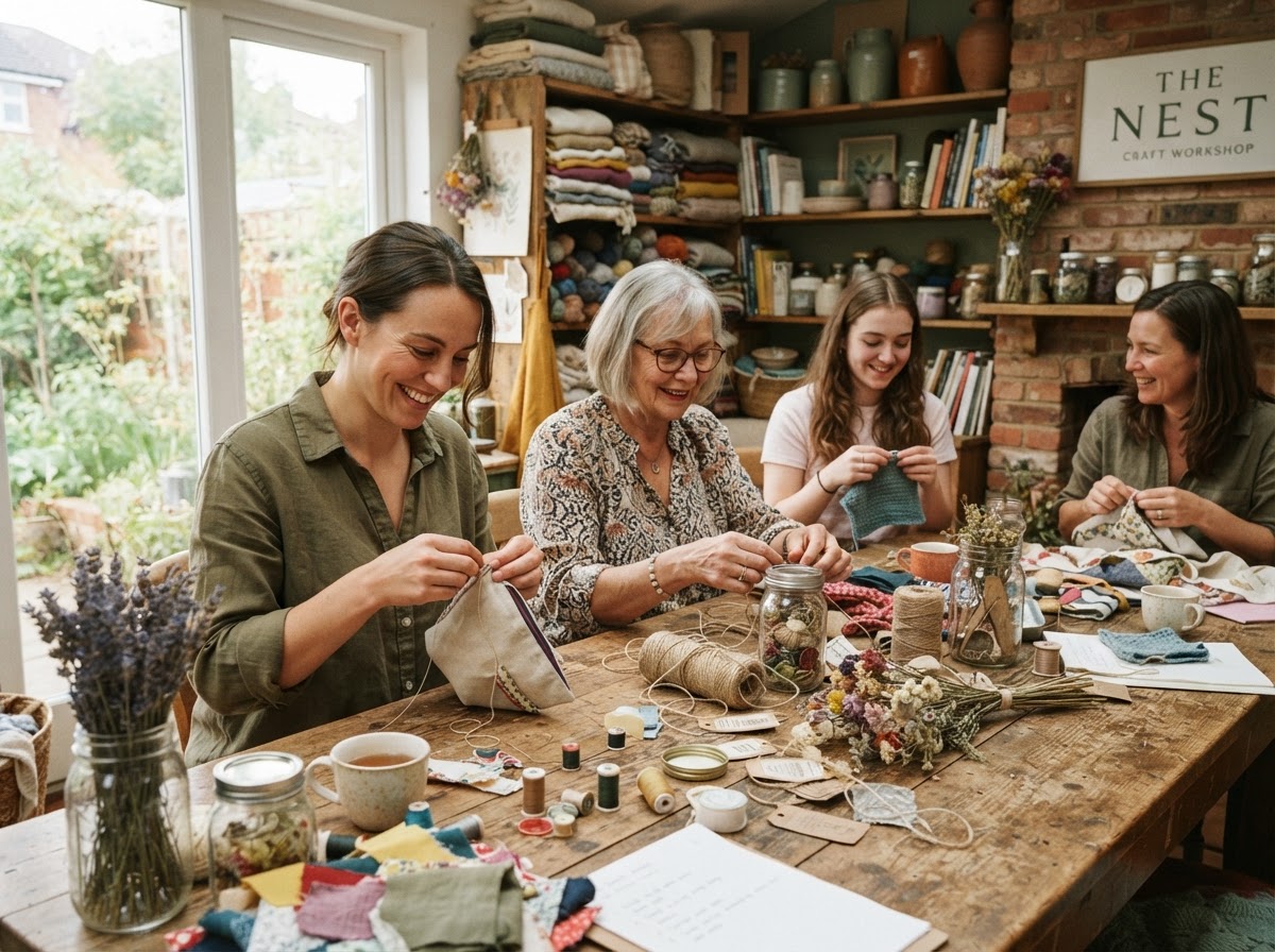 Concept imagery of people sewing and canning together at a community craft workshop