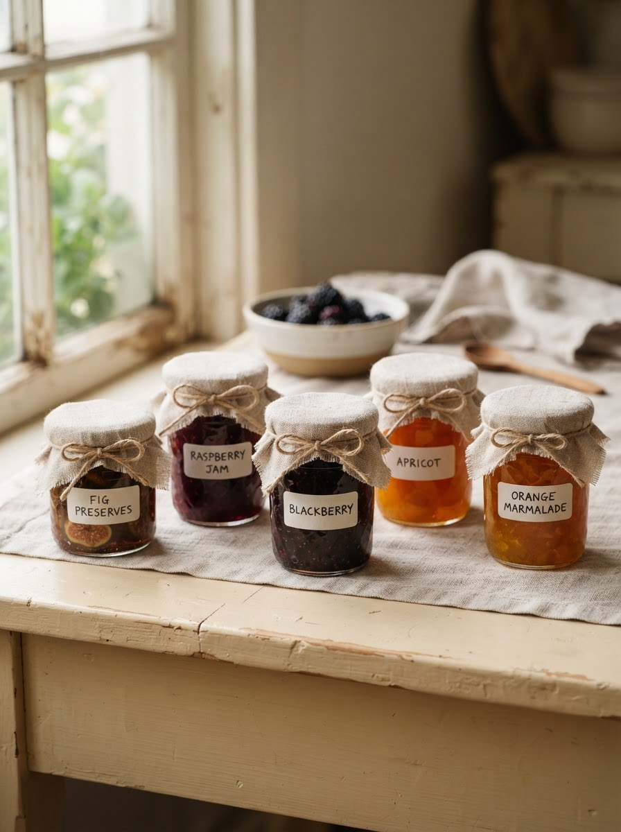 Small glass jars of homemade preserves with linen lids on warm ivory