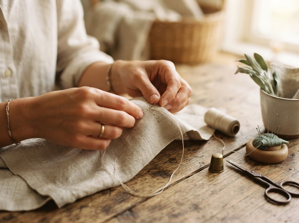 Concept imagery of hands sewing natural linen fabric with needle and thread on a wooden table