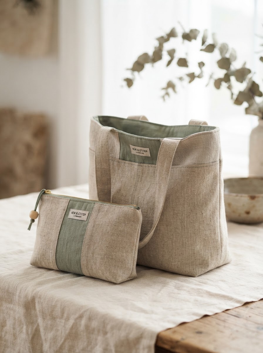A handmade linen pouch and sewn tote bag in beige and sage on ivory
