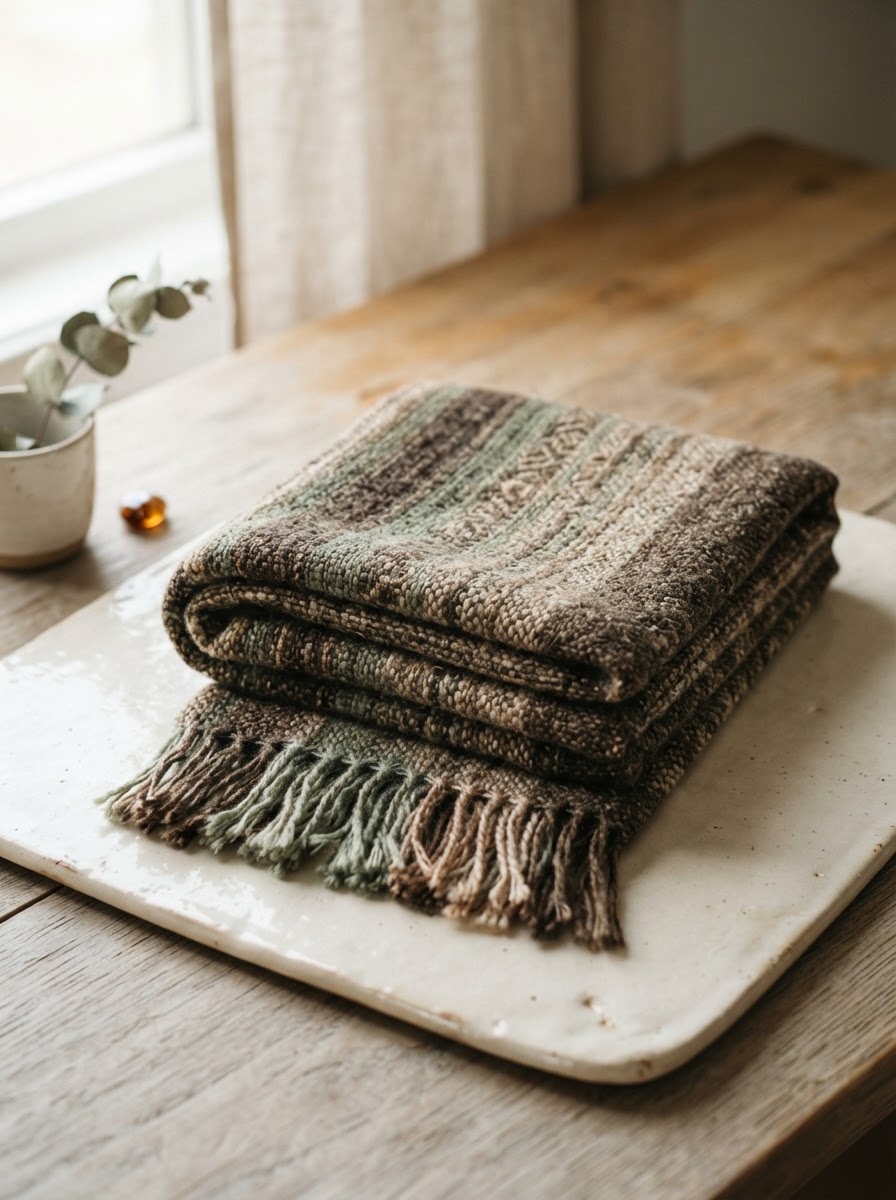 A folded handwoven scarf in earthy brown and sage tones on warm ivory