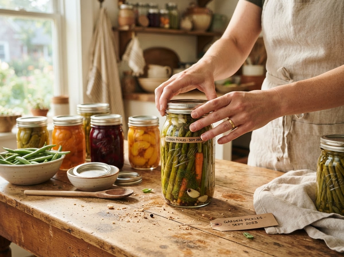 Concept imagery of canning jars being filled with preserved fruit and vegetables on a rustic table