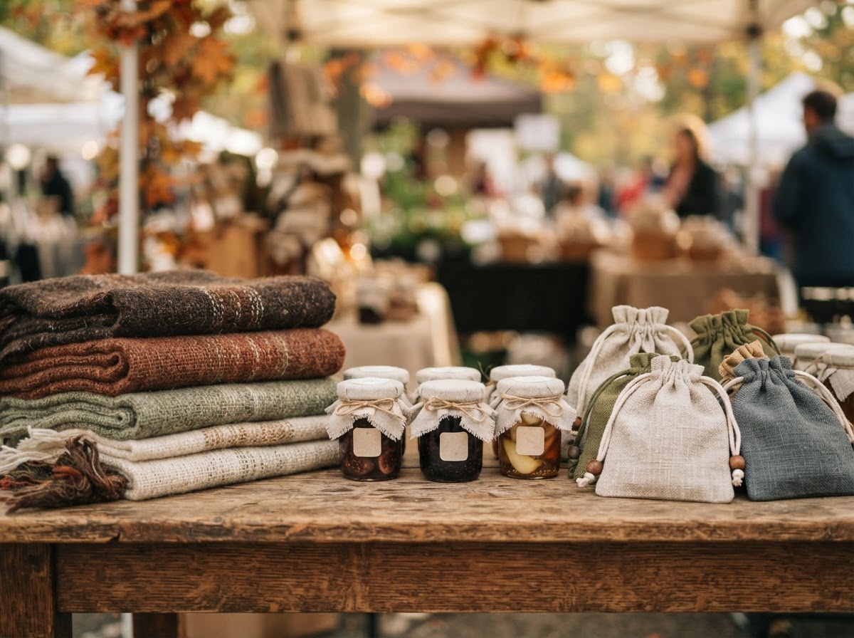Concept imagery of handmade textiles and preserves arranged on a rustic market table