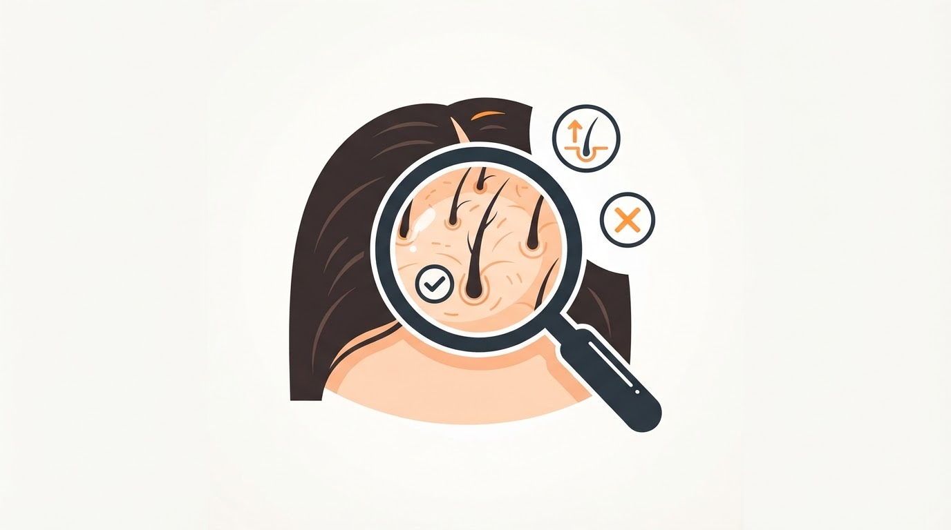 Illustration of a hair and scalp assessment.
