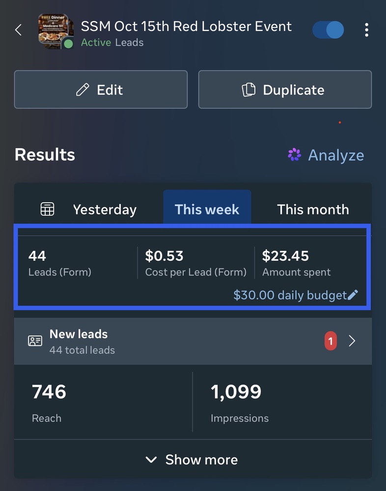 44 Event Leads at $0.53 Cost Per Lead (Oct 15th Seminar)