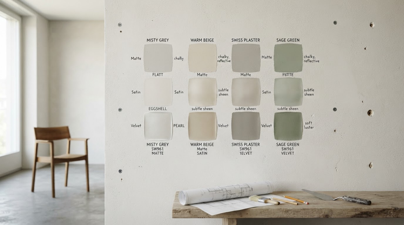 Échantillons de couleurs et finitions de peinture testés sur un mur par AGM à Lausanne