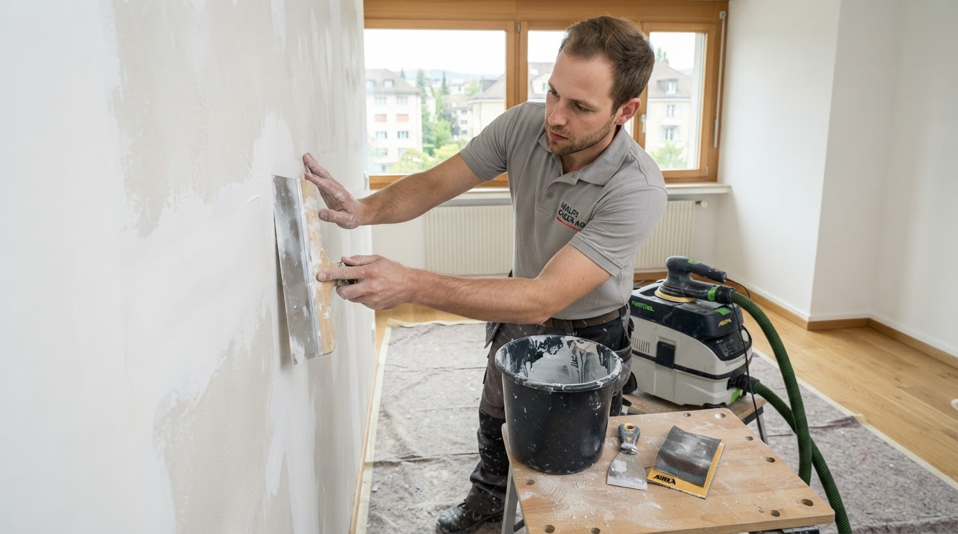 Préparation d'un mur à l'enduit et au ponçage avant mise en peinture par AGM à Lausanne