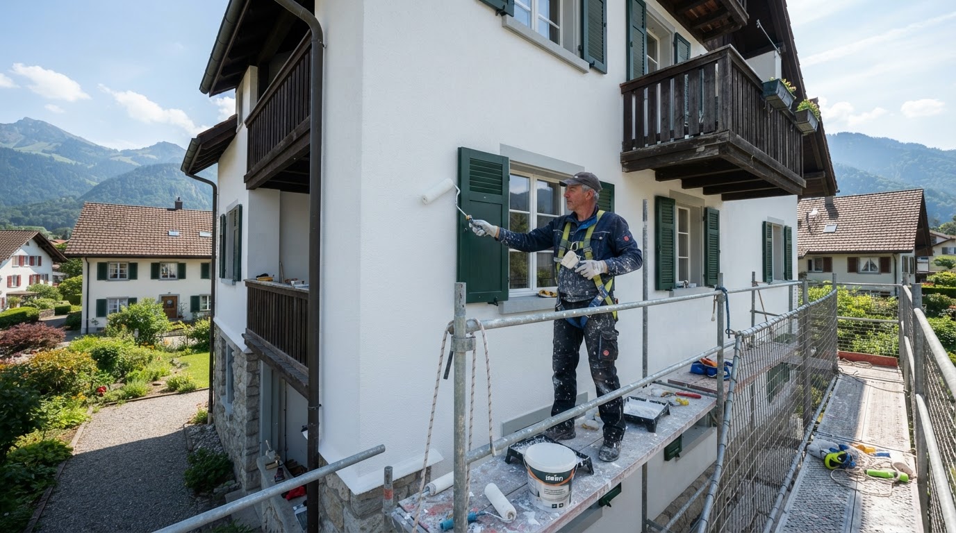 Peinture d'une façade extérieure sur échafaudage par AGM Rénovation & Peinture à Lausanne