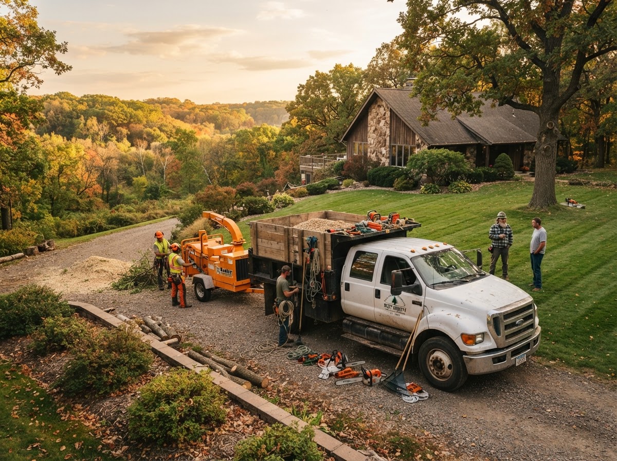 Bauer's family-owned tree service crew truck and chipper at a Lake City, MN job