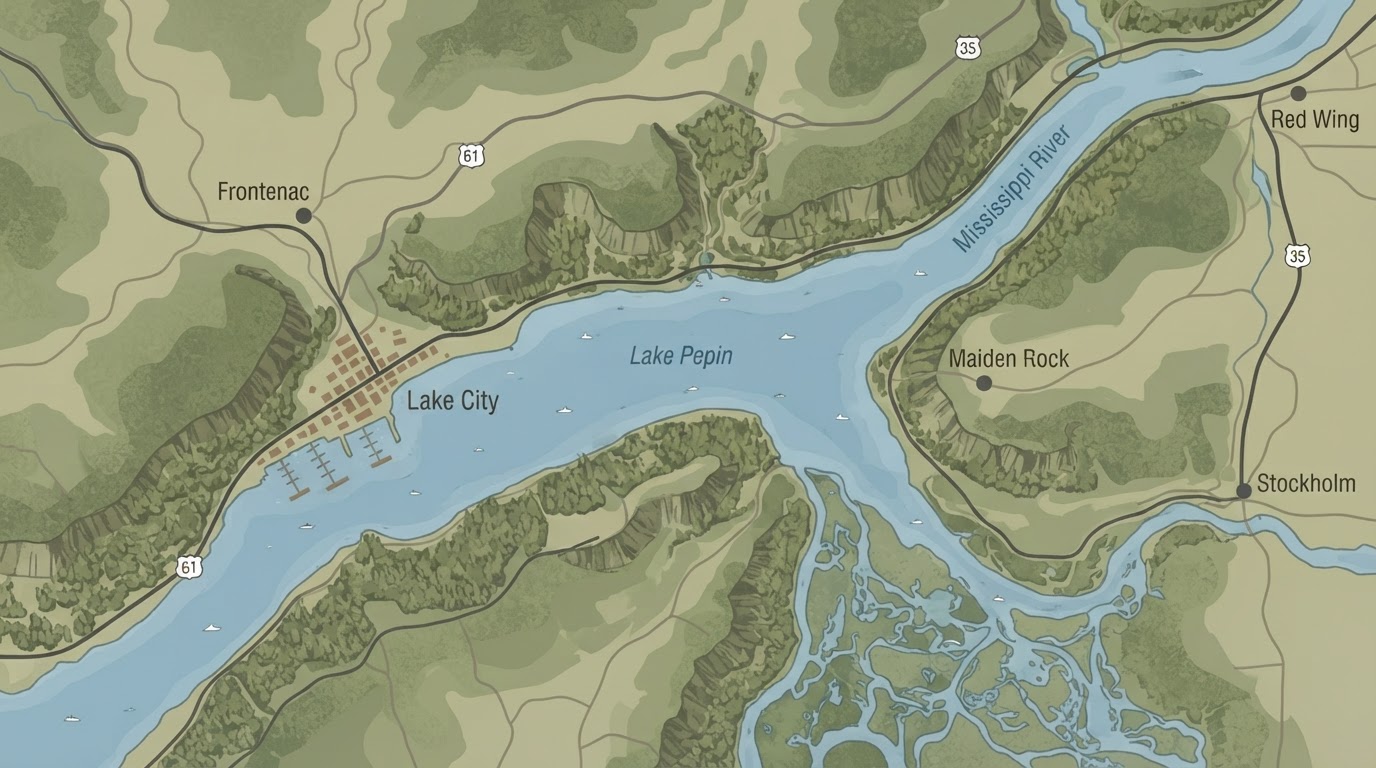 Map of the Lake City, Minnesota area along the Mississippi River and Lake Pepin bluff country