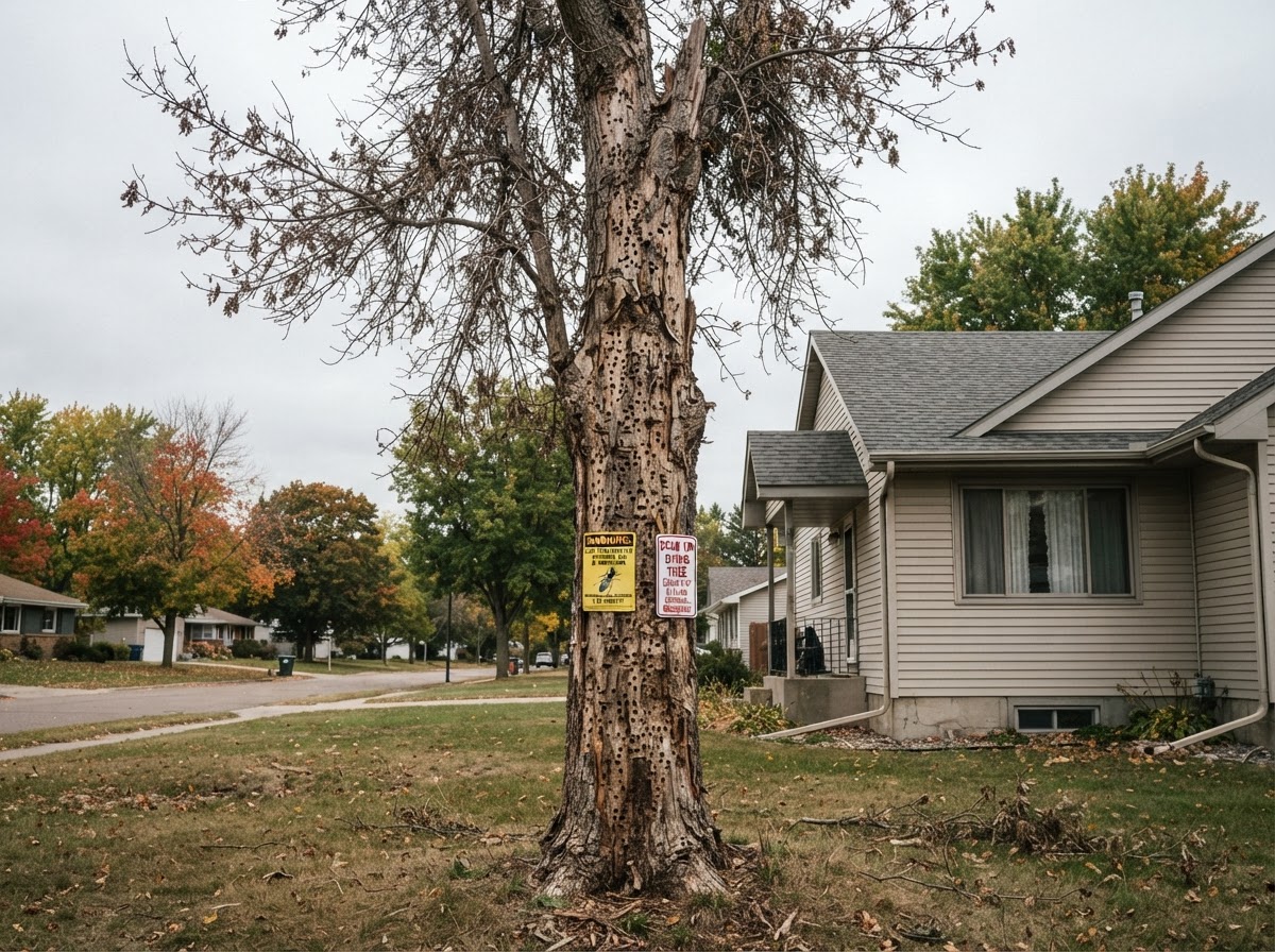 Dead, dying ash tree with thinning canopy from emerald ash borer near a Lake City, MN home