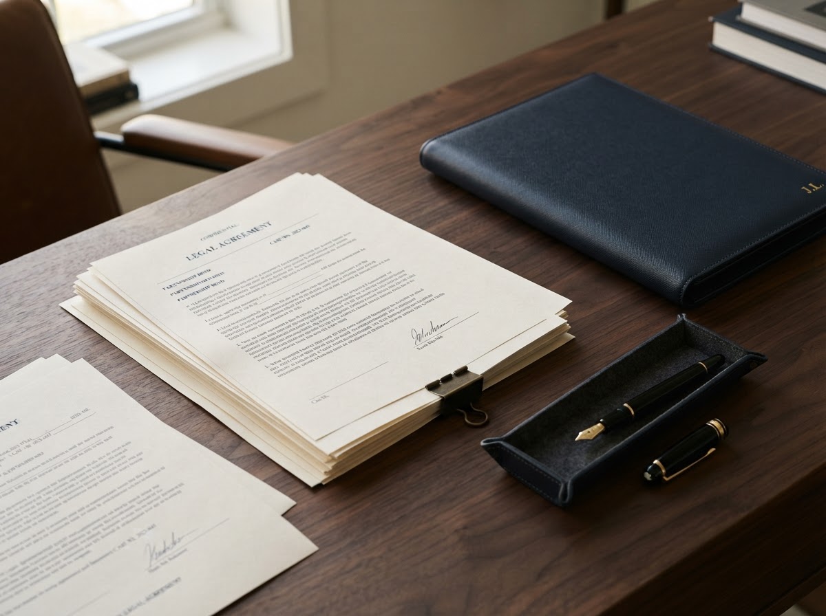 Legal documents and a fountain pen on a professional desk
