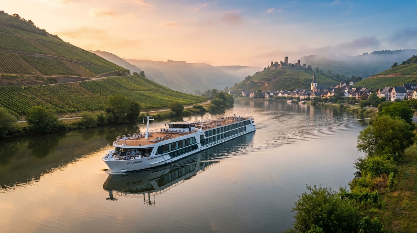 Crucero fluvial navegando entre viñedos europeos al amanecer