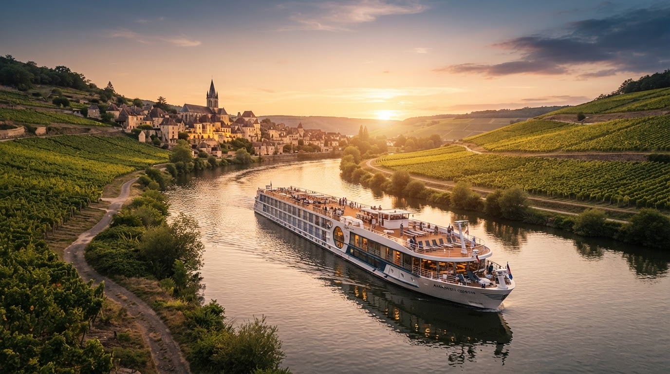 Crucero fluvial navegando entre viñedos europeos al atardecer