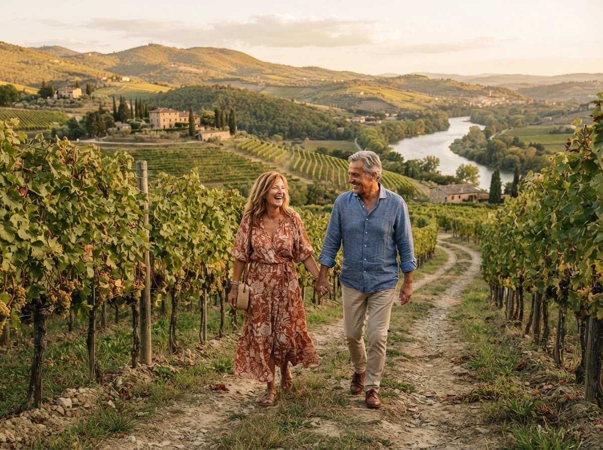 Pareja caminando entre viñedos europeos junto al río