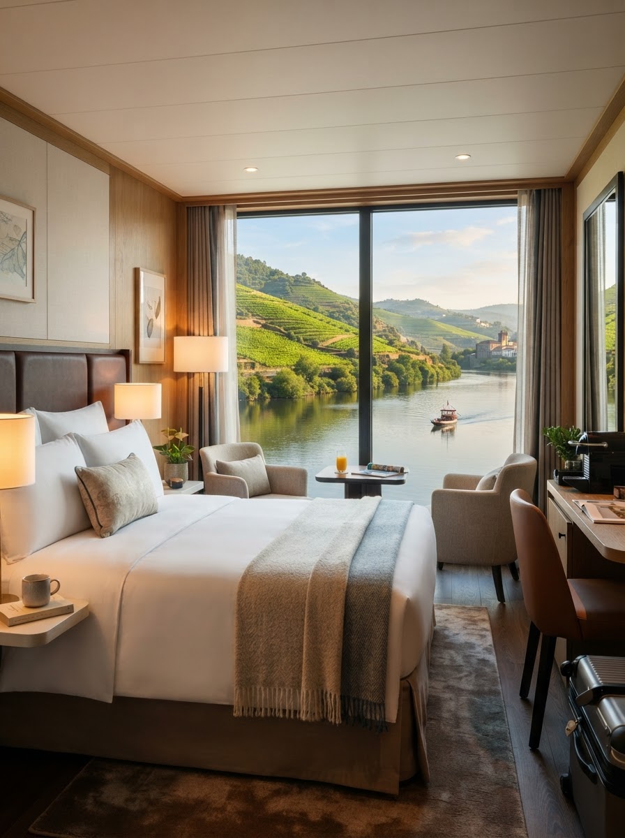 Camarote del crucero fluvial con ventana panorámica sobre los viñedos