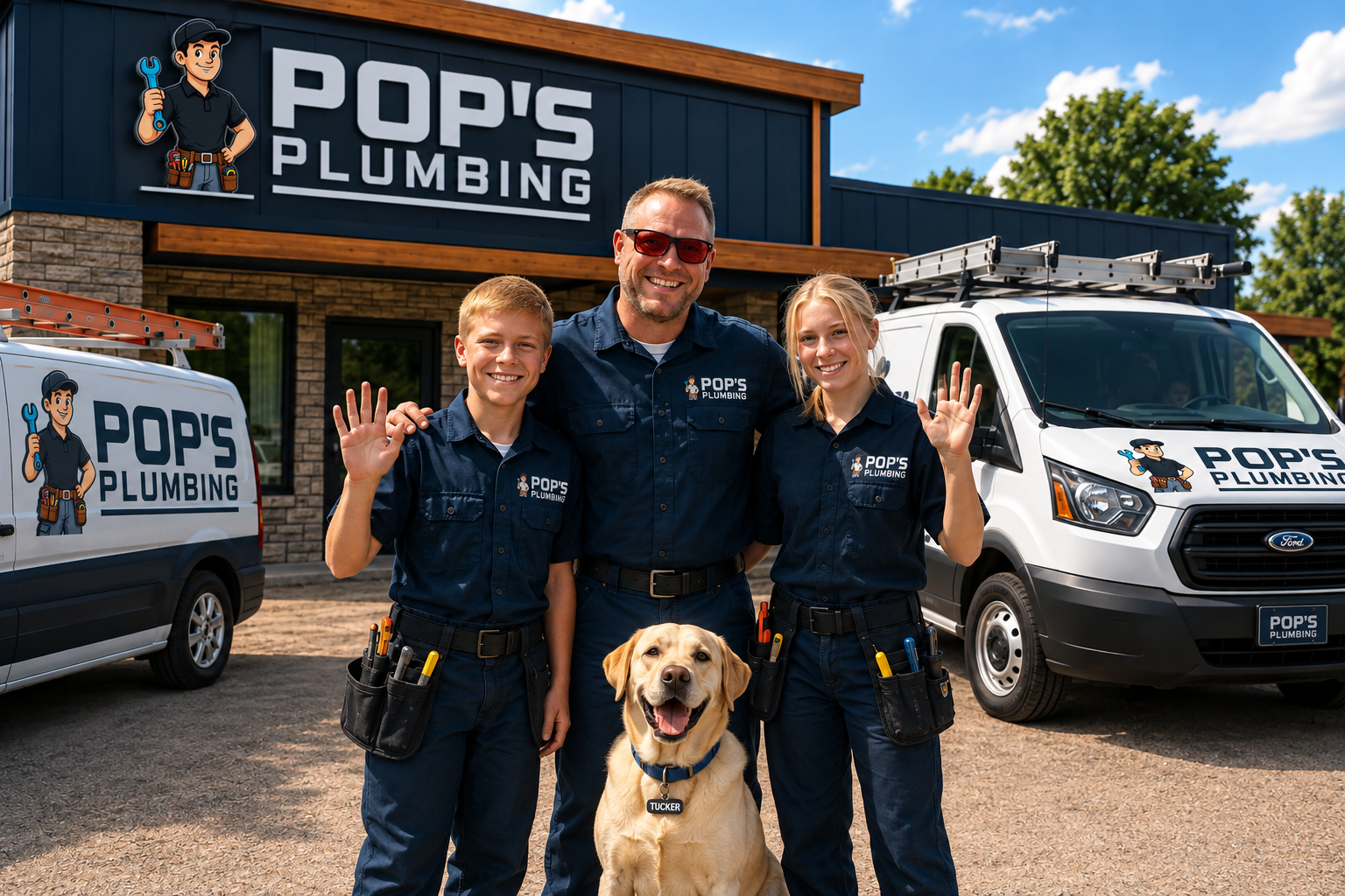 POP'S Plumbing family and team with service vans in front of the storefront