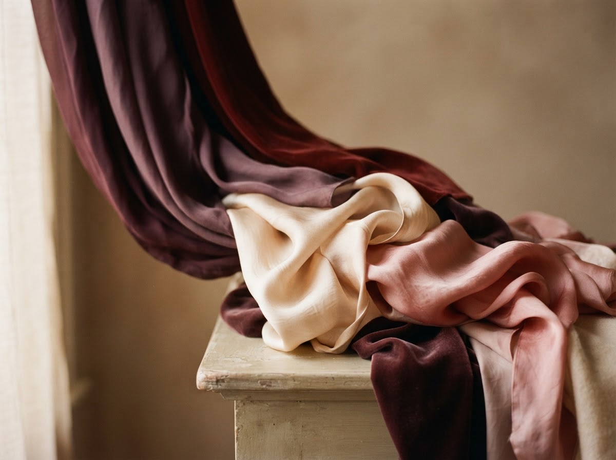 Flowing silk and draped fabric in warm cream, oxblood, and plum