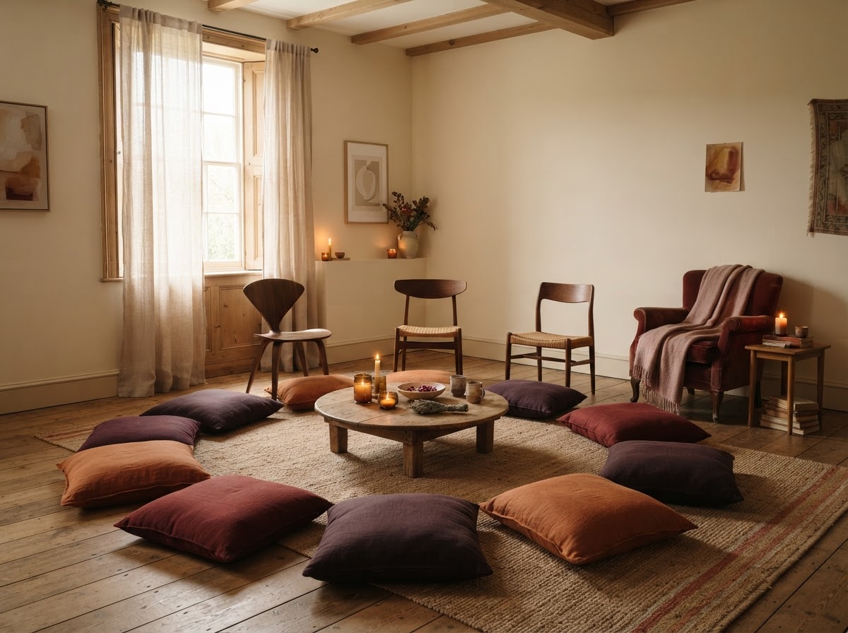 A warm, softly lit room arranged for a small-group circle