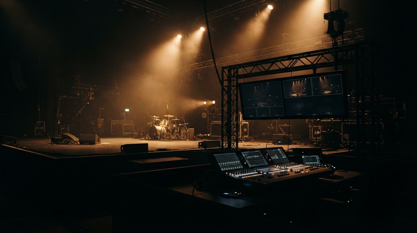 Cinematic concert stage and broadcast control booth under warm spotlights