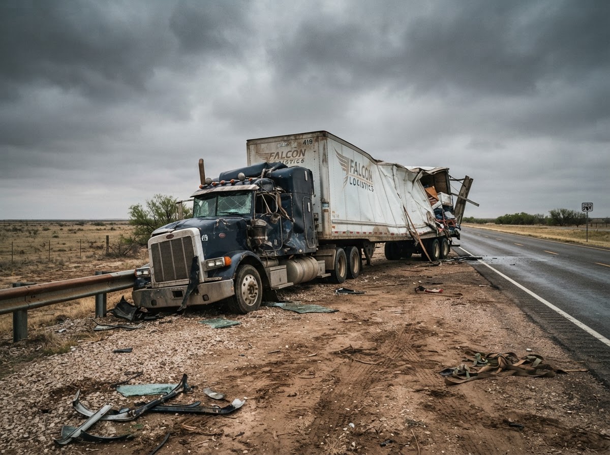 Wrecked semi-tractor trailer with damaged cab and crumpled dry van trailer on a Texas highway — commercial truck insurance claim
