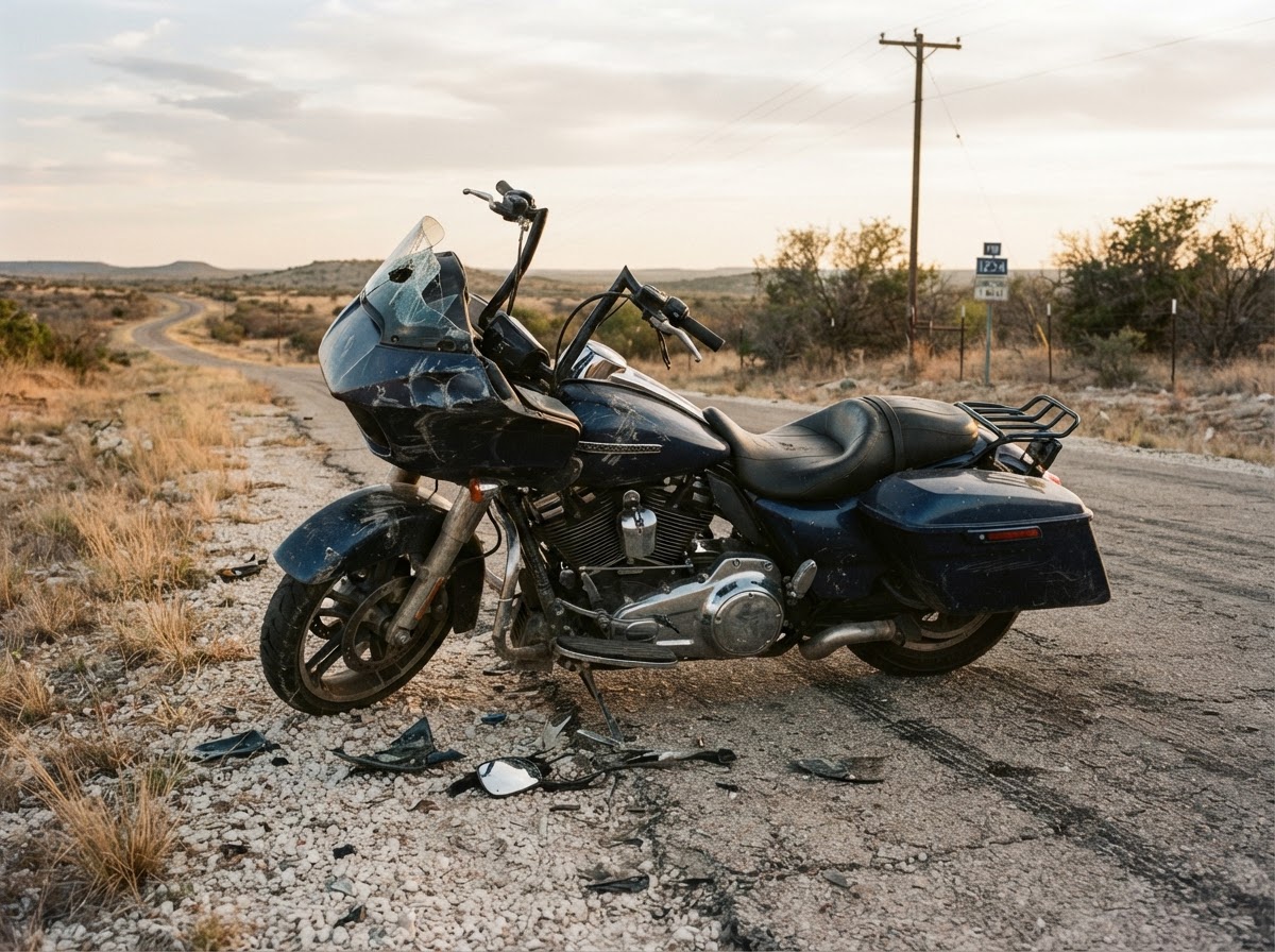 Damaged touring motorcycle with scratched fairings and bent handlebars on a Texas backroad after a collision — motorcycle insurance claim