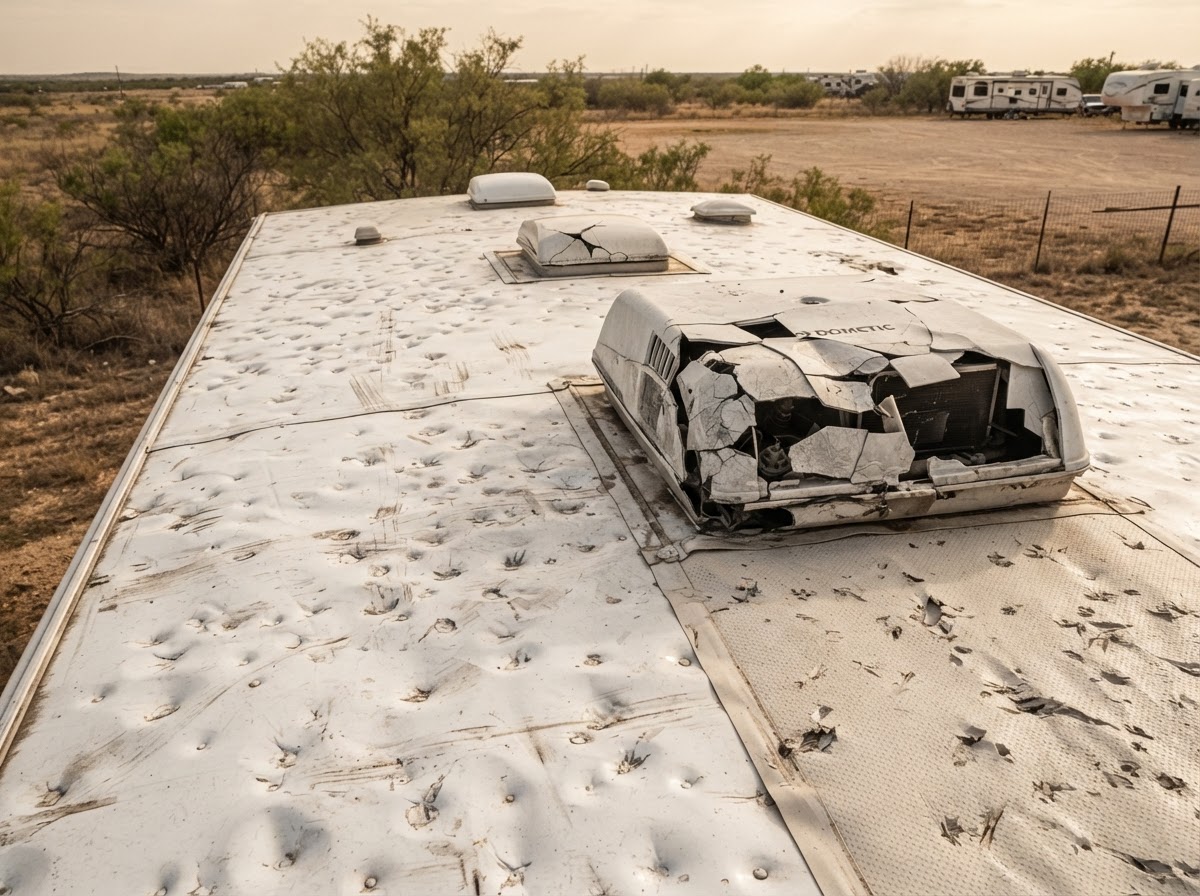 Severe Texas golf-ball hail damage across an RV air conditioner and roof membrane requiring full roof replacement