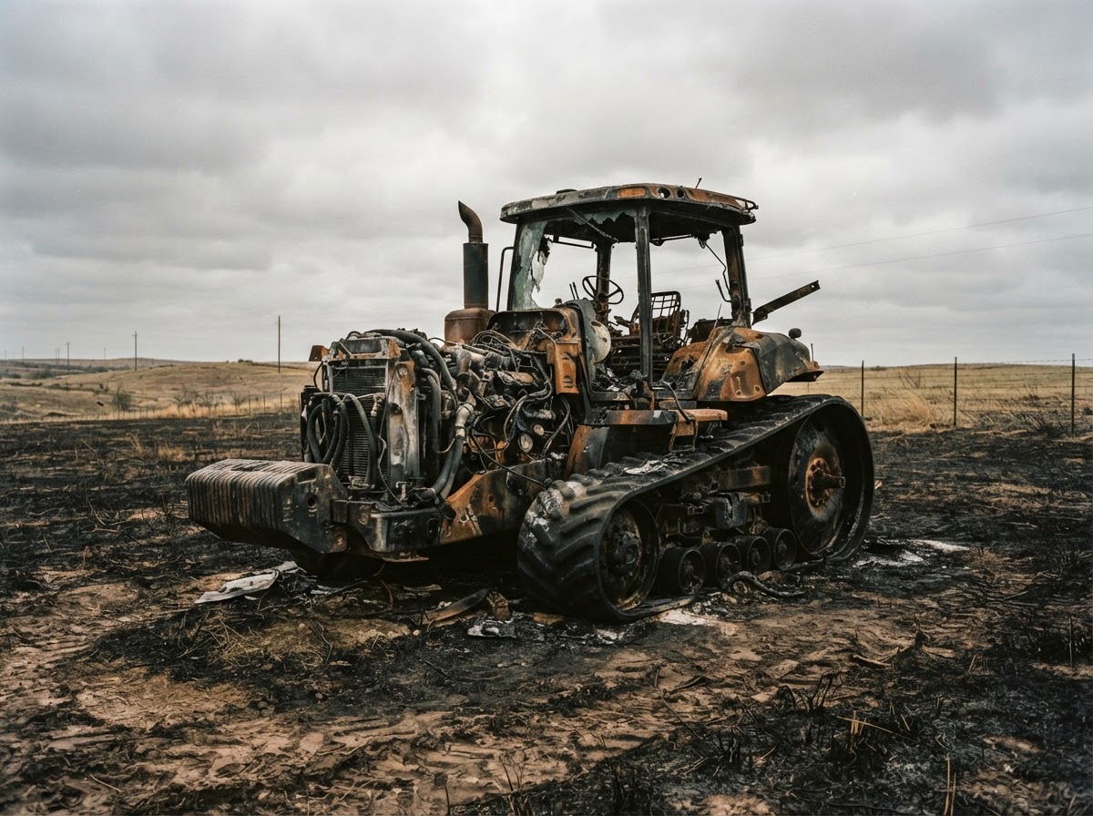 Burned John Deere tractor total loss in a Texas farm field requiring an agricultural insurance claim dispute