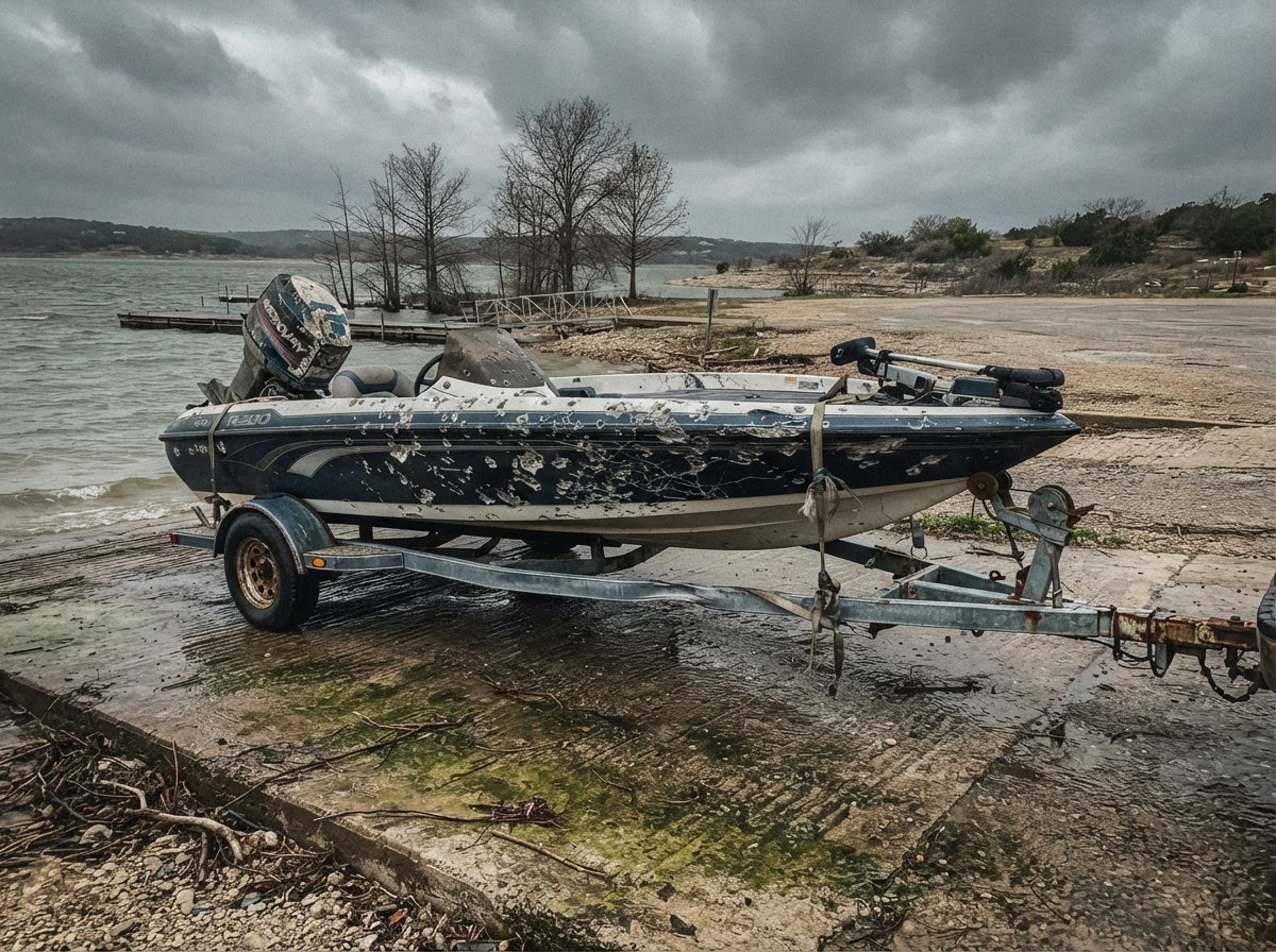 Storm-damaged bass boat on a trailer with hail-damaged gelcoat hull at a Texas lake ramp — boat insurance claim
