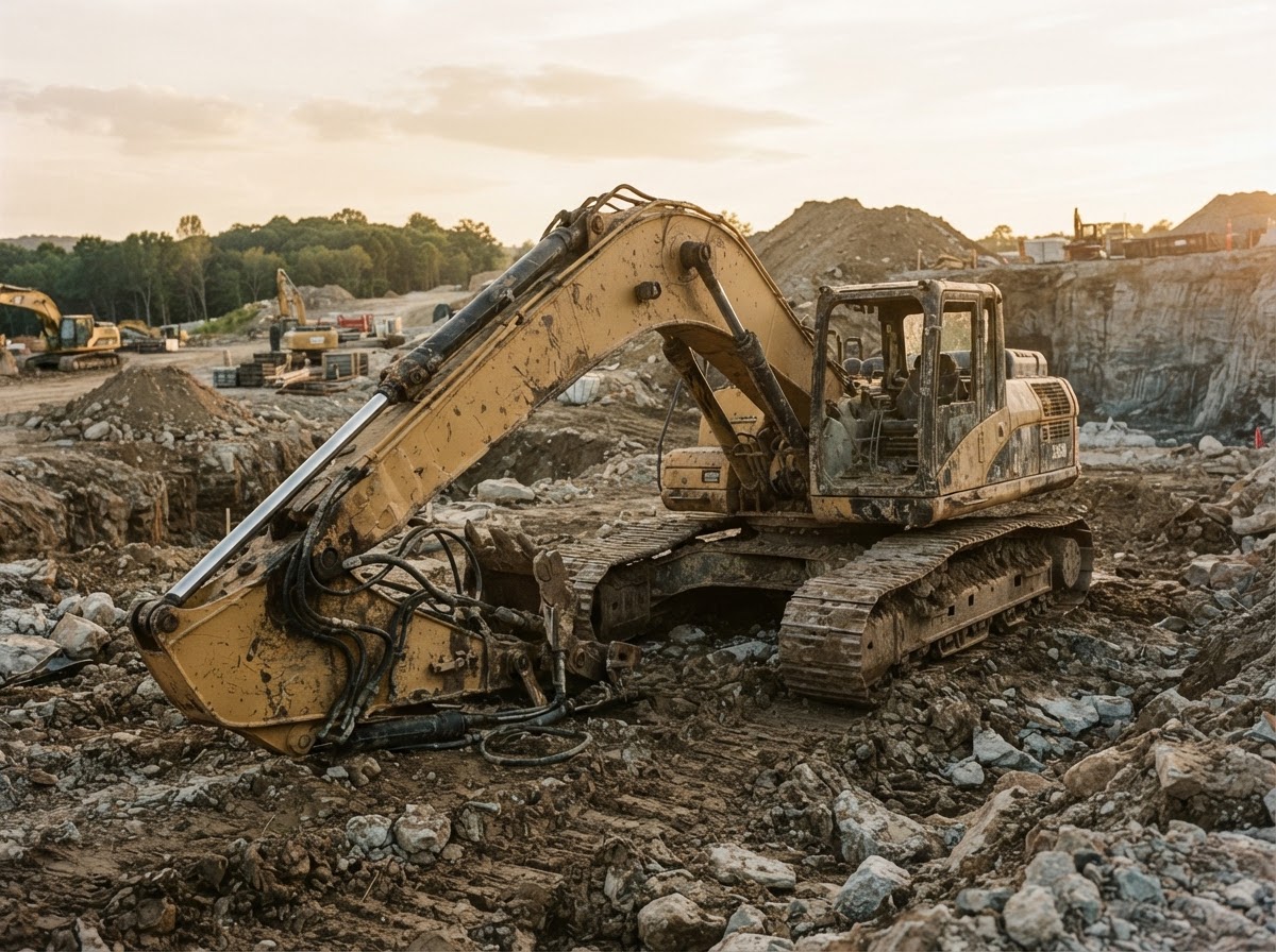 Severe front-end and hydraulic boom impact damage to a yellow excavator requiring an independent insurance claim audit