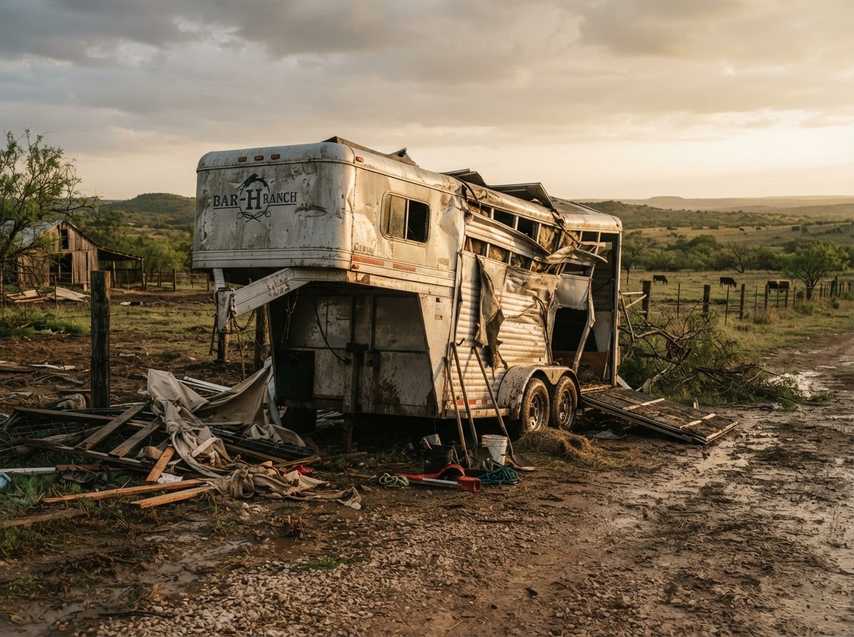Storm-damaged gooseneck horse trailer with dented aluminum skin and bent frame on a Texas ranch — livestock trailer insurance claim